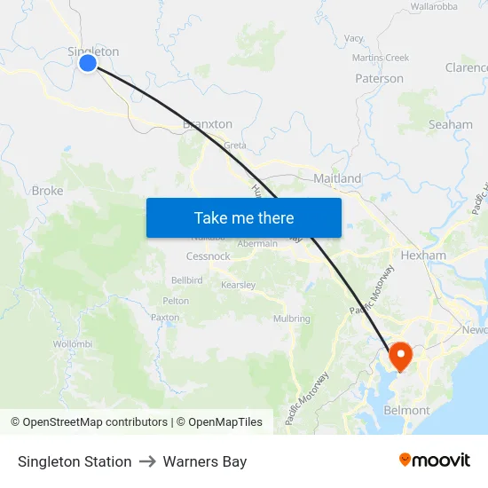 Singleton Station to Warners Bay map