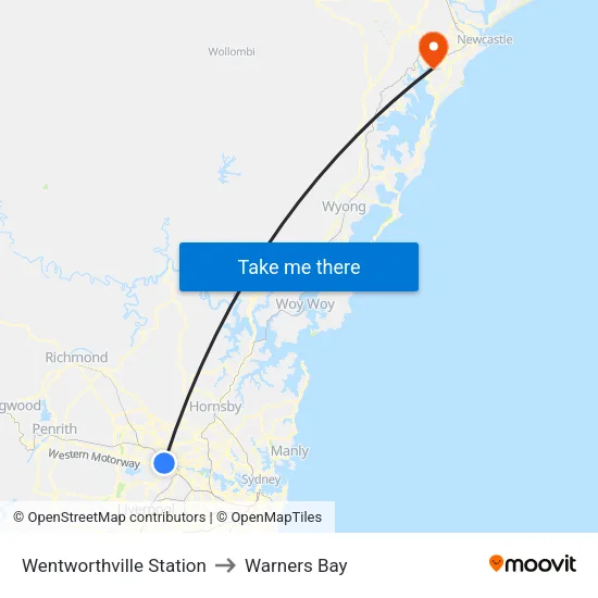 Wentworthville Station to Warners Bay map