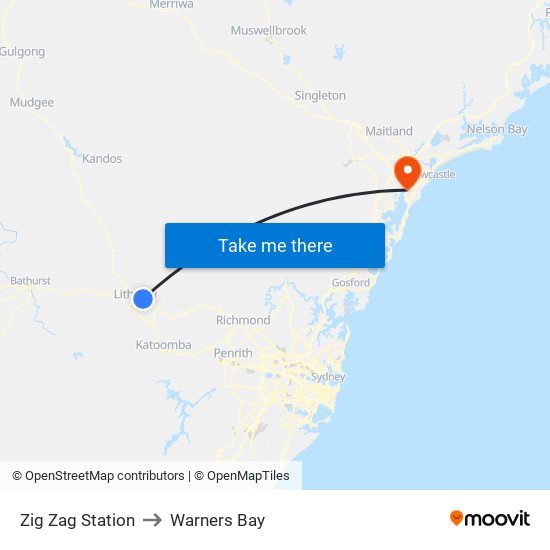 Zig Zag Station to Warners Bay map