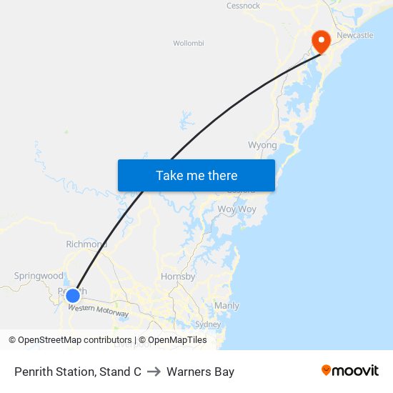 Penrith Station, Stand C to Warners Bay map