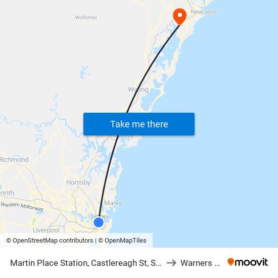 Martin Place Station, Castlereagh St, Stand H to Warners Bay map