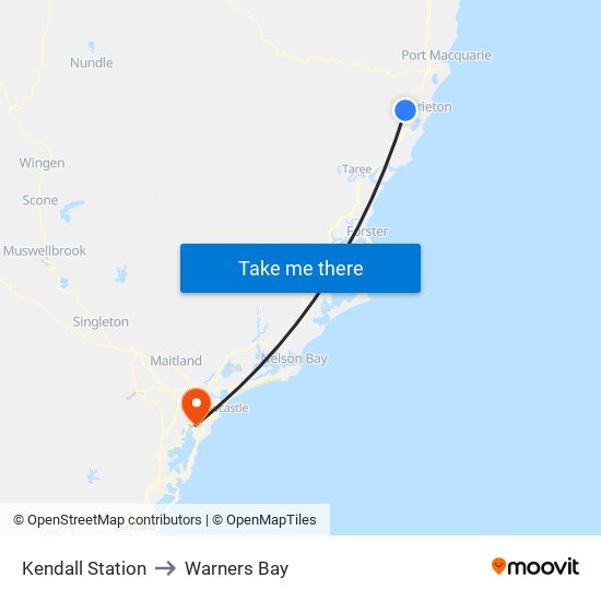 Kendall Station to Warners Bay map