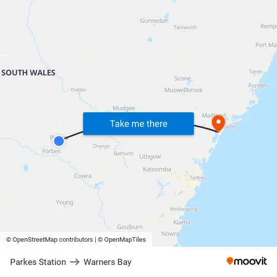 Parkes Station to Warners Bay map