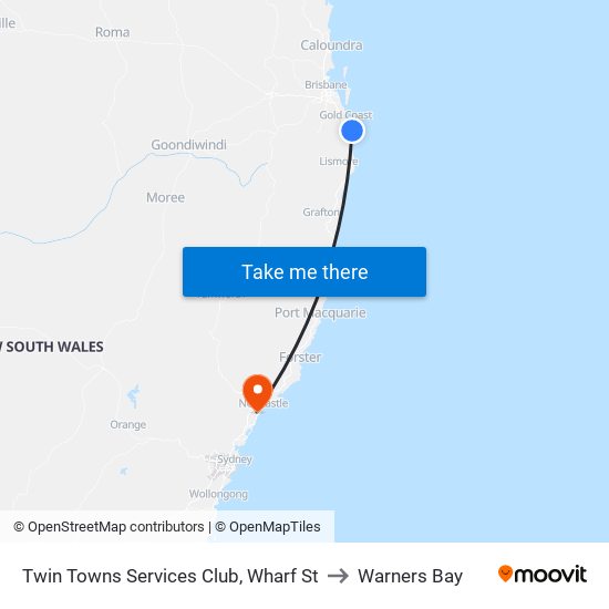 Twin Towns Services Club, Wharf St to Warners Bay map