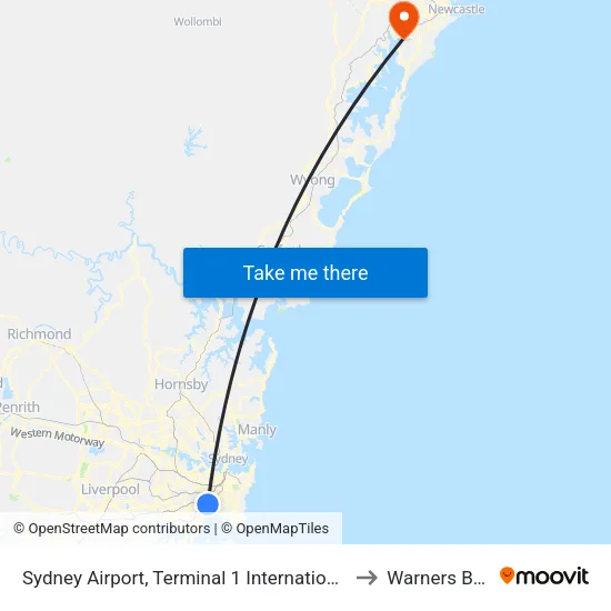 Sydney Airport, Terminal 1 International to Warners Bay map