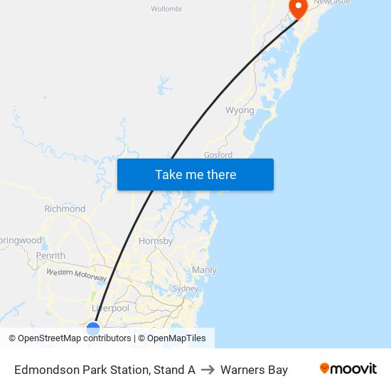 Edmondson Park Station, Stand A to Warners Bay map