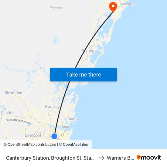 Canterbury Station, Broughton St, Stand A to Warners Bay map