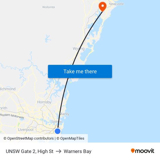 UNSW Gate 2, High St to Warners Bay map