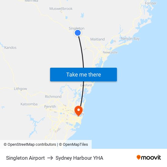 Singleton Airport to Sydney Harbour YHA map