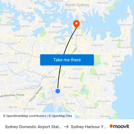 Sydney Domestic Airport Station to Sydney Harbour YHA map