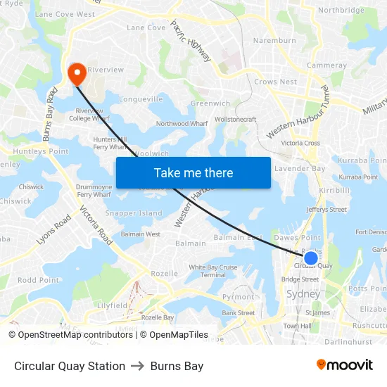 Circular Quay Station to Burns Bay map