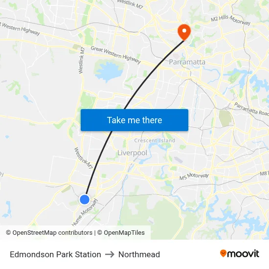 Edmondson Park Station to Northmead map