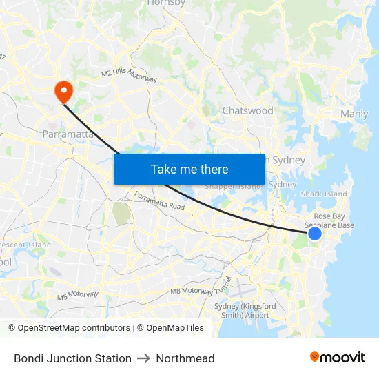 Bondi Junction Station to Northmead map
