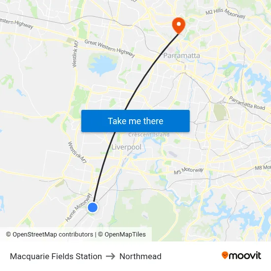 Macquarie Fields Station to Northmead map