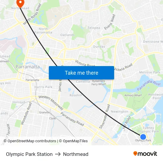Olympic Park Station to Northmead map