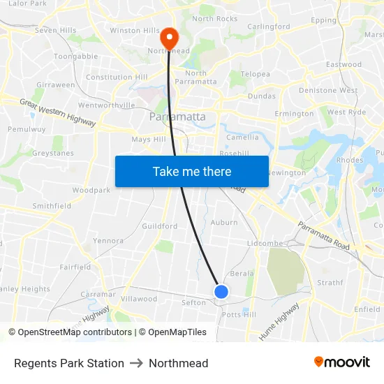 Regents Park Station to Northmead map