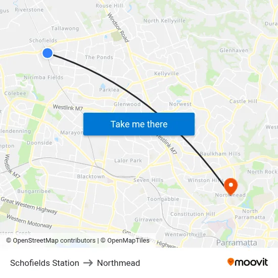 Schofields Station to Northmead map