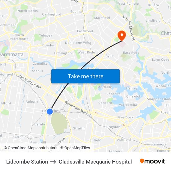 Lidcombe Station to Gladesville-Macquarie Hospital map