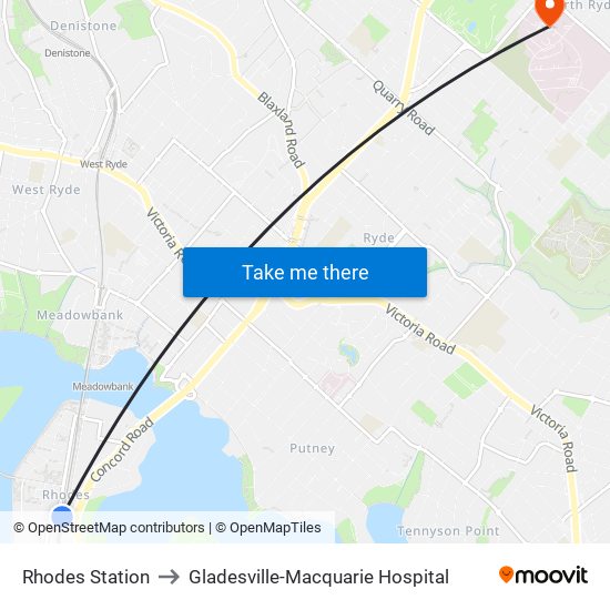 Rhodes Station to Gladesville-Macquarie Hospital map