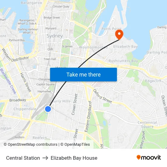 Central Station to Elizabeth Bay House map