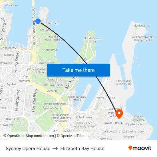 Sydney Opera House to Elizabeth Bay House map