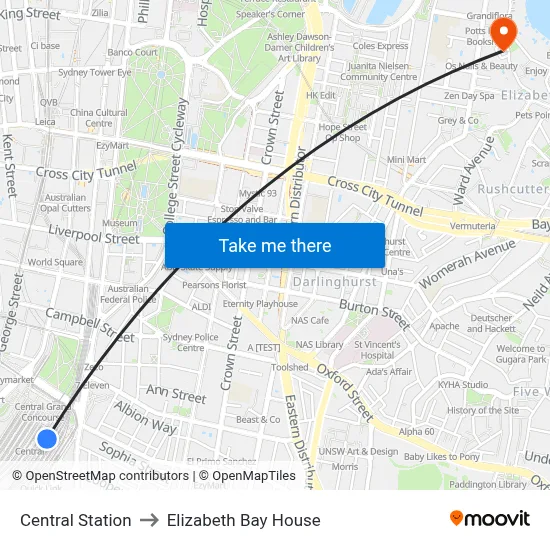 Central Station to Elizabeth Bay House map