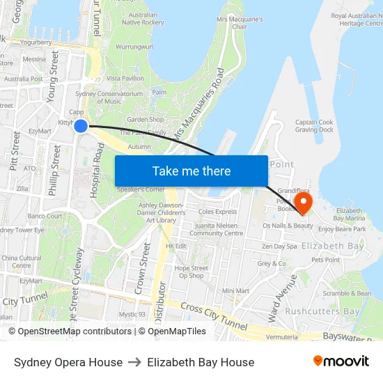 Sydney Opera House to Elizabeth Bay House map