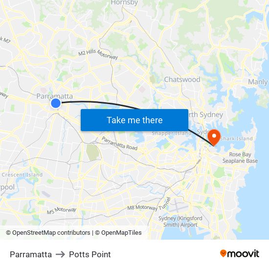 Parramatta to Potts Point map