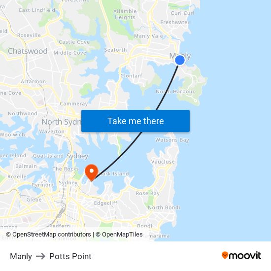 Manly to Potts Point map