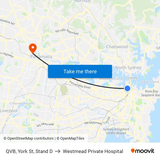 QVB, York St, Stand D to Westmead Private Hospital map