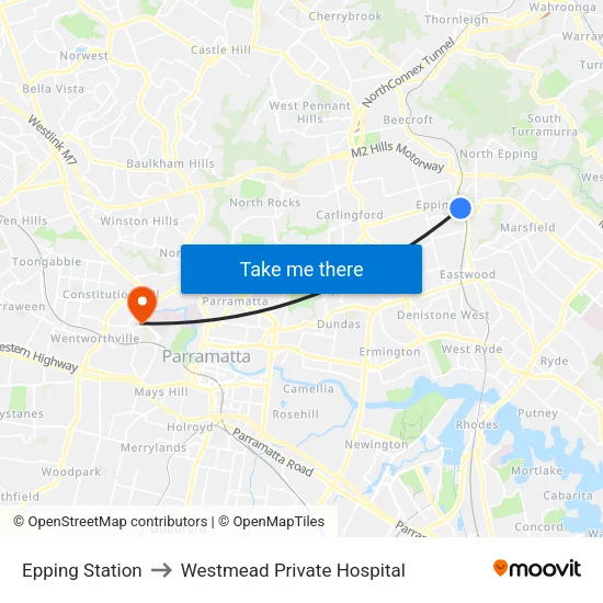 Epping Station to Westmead Private Hospital map