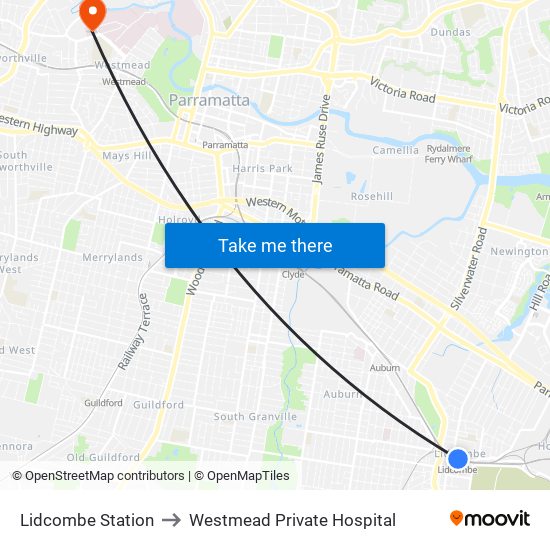 Lidcombe Station to Westmead Private Hospital map