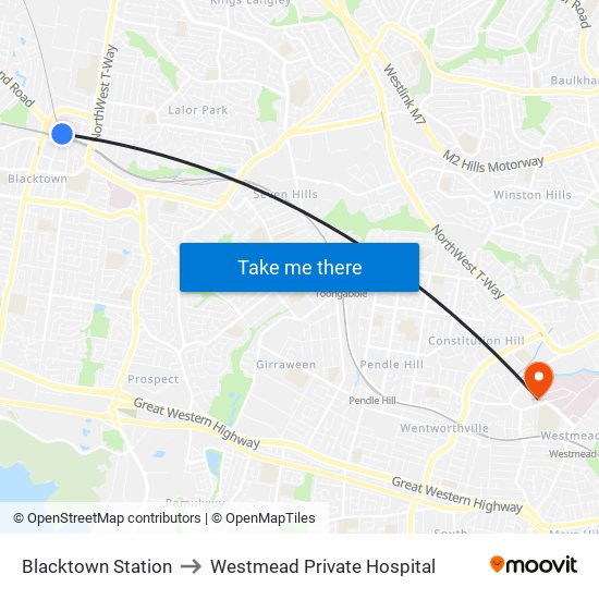 Blacktown Station to Westmead Private Hospital map