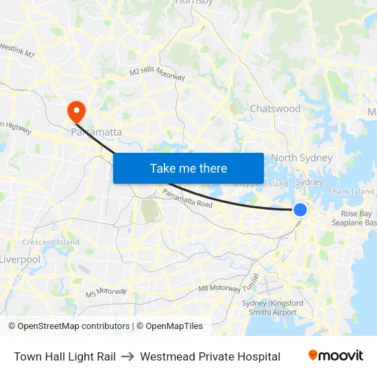 Town Hall Light Rail to Westmead Private Hospital map