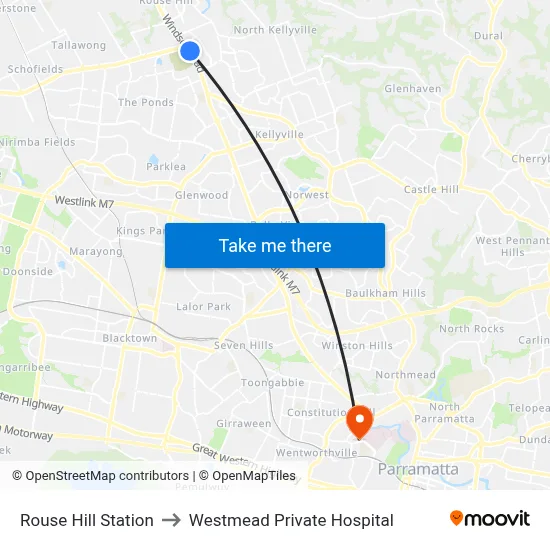 Rouse Hill Station to Westmead Private Hospital map