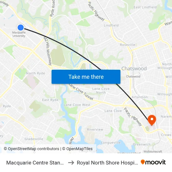 Macquarie Centre Stand A to Royal North Shore Hospital map