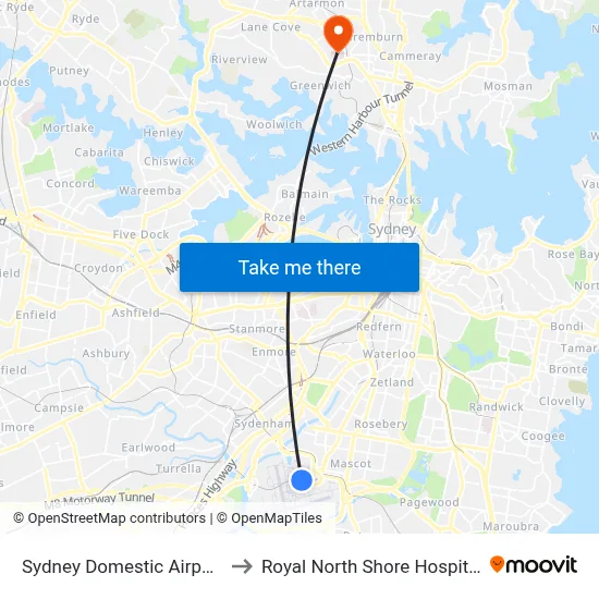 Sydney Domestic Airport to Royal North Shore Hospital map