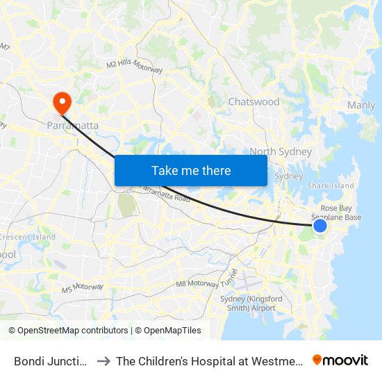 Bondi Junction to The Children's Hospital at Westmead map