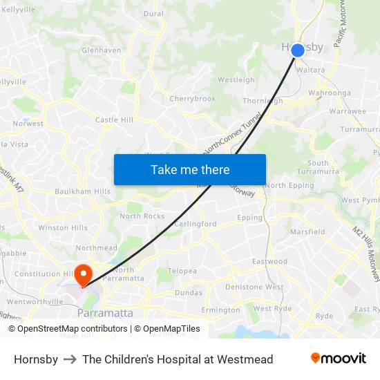 Hornsby to The Children's Hospital at Westmead map