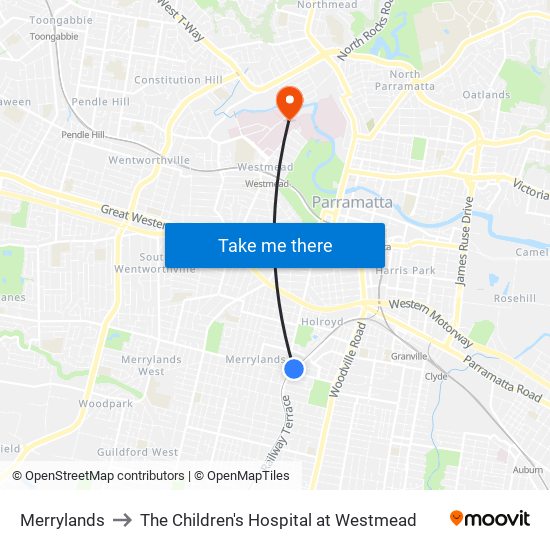 Merrylands to The Children's Hospital at Westmead map