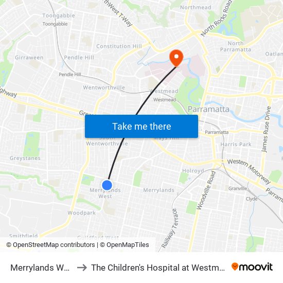 Merrylands West to The Children's Hospital at Westmead map