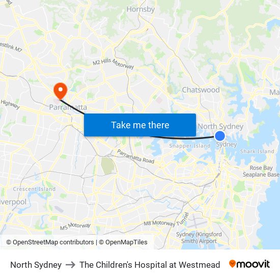 North Sydney to The Children's Hospital at Westmead map