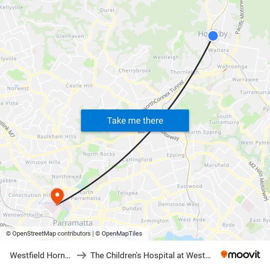 Westfield Hornsby to The Children's Hospital at Westmead map