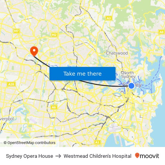Sydney Opera House to Westmead Children's Hospital map