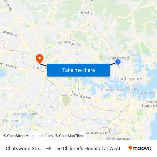 Chatswood Station to The Children's Hospital at Westmead map
