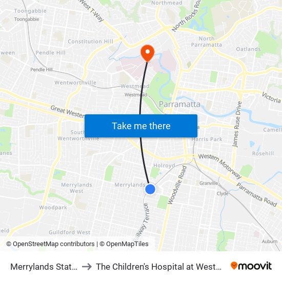 Merrylands Station to The Children's Hospital at Westmead map