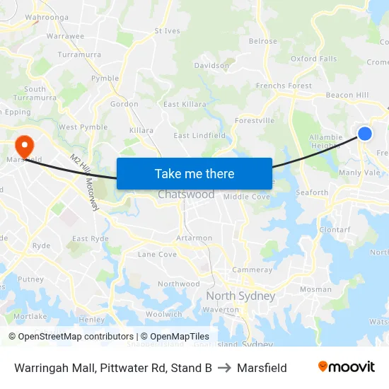 Warringah Mall, Pittwater Rd, Stand B to Marsfield map