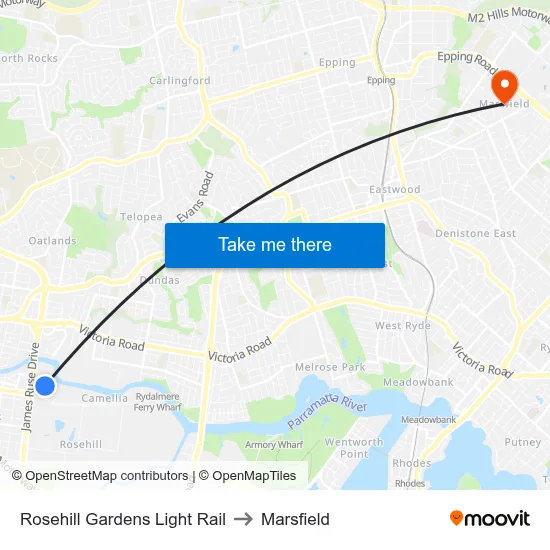Rosehill Gardens Light Rail to Marsfield map