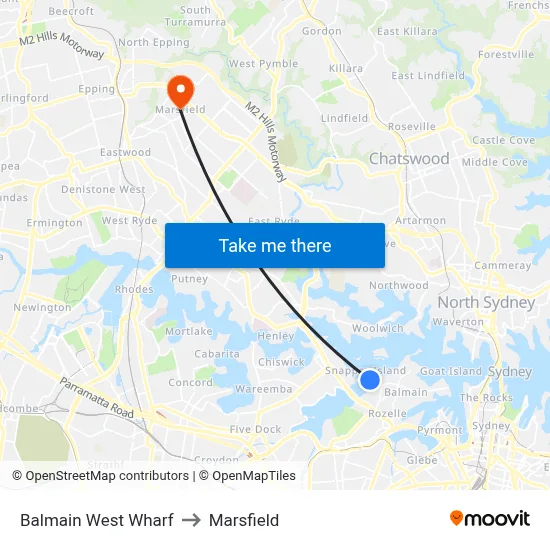 Balmain West Wharf to Marsfield map