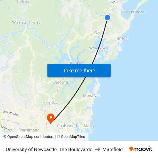 University of Newcastle, The Boulevarde to Marsfield map